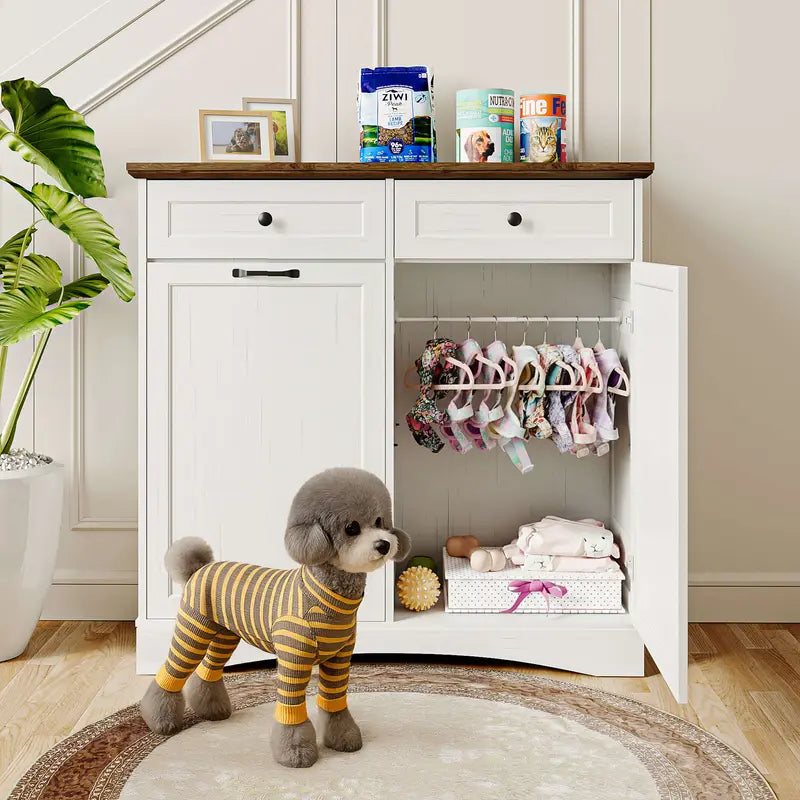 SummerVibes Engineered Wood Pet Feeding Station Cabinet - Dual Tiltable Doors for Dog Food & Clothing Storage, Tilt-Out Design with 4 Feeding Bowls for Quick Access