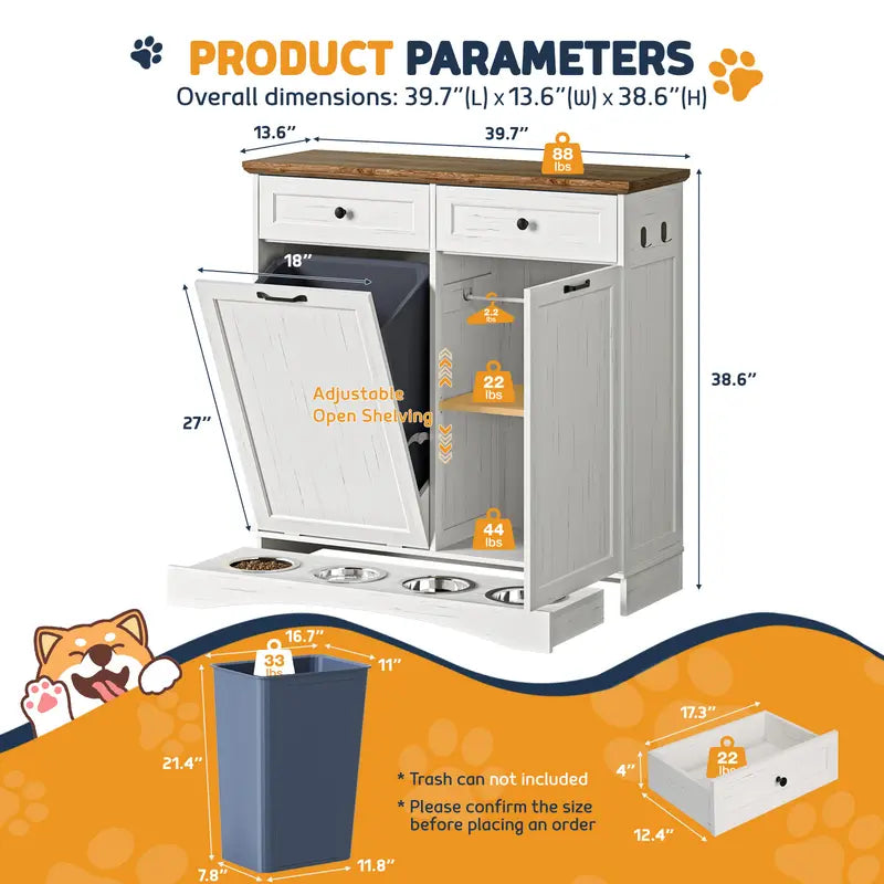 SummerVibes Engineered Wood Pet Feeding Station Cabinet - Dual Tiltable Doors for Dog Food & Clothing Storage, Tilt-Out Design with 4 Feeding Bowls for Quick Access