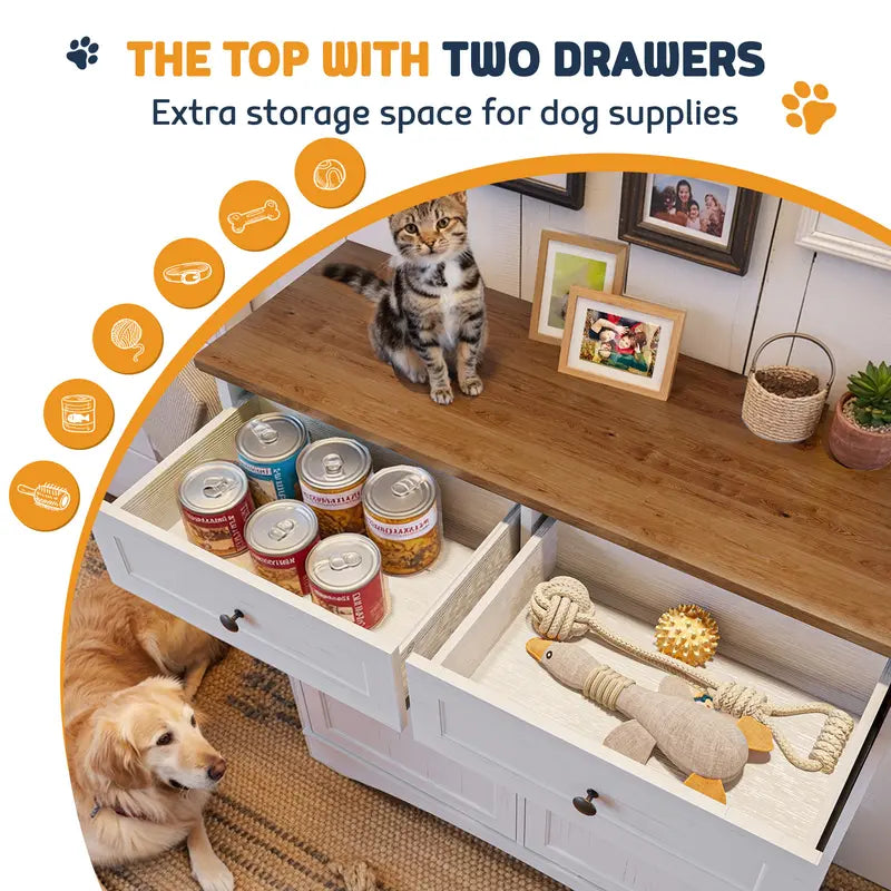 SummerVibes Engineered Wood Pet Feeding Station Cabinet - Dual Tiltable Doors for Dog Food & Clothing Storage, Tilt-Out Design with 4 Feeding Bowls for Quick Access