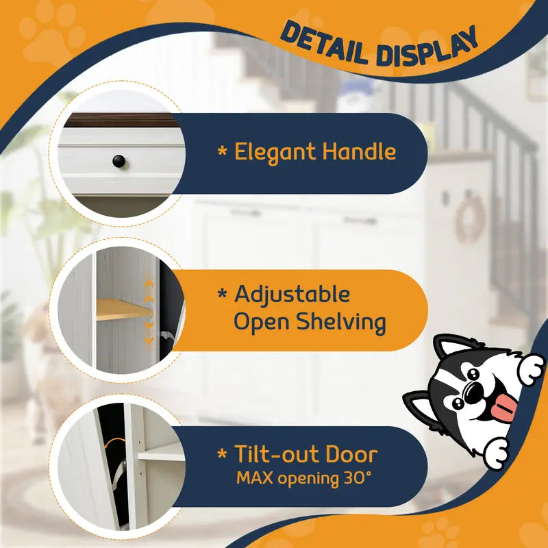 SummerVibes Engineered Wood Pet Feeding Station Cabinet - Dual Tiltable Doors for Dog Food & Clothing Storage, Tilt-Out Design with 4 Feeding Bowls for Quick Access