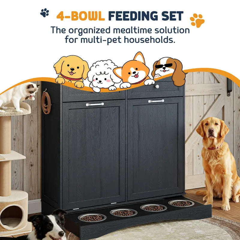 SummerVibes Engineered Wood Pet Feeding Station Cabinet - Dual Tiltable Doors for Dog Food & Clothing Storage, Tilt-Out Design with 4 Feeding Bowls for Quick Access