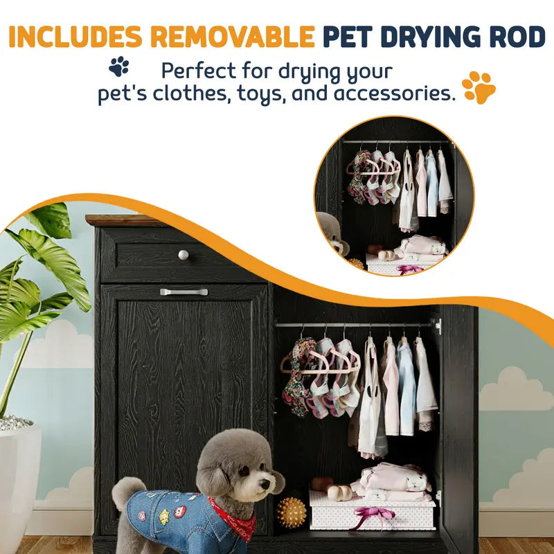 SummerVibes Engineered Wood Pet Feeding Station Cabinet - Dual Tiltable Doors for Dog Food & Clothing Storage, Tilt-Out Design with 4 Feeding Bowls for Quick Access